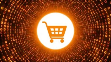 Turuncu alışveriş sepeti simgesini formu altın ikili tünel siyah arka plan üzerine. Online alışveriş kavramı. Sorunsuz döngü. Daha fazla simge ve benim portföyünde mevcut renk seçenekleri.