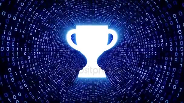 Biały Trofeum Pucharu Ikonę Formularz Niebieski Binarne Tunelu Czarnym Tle — Wideo stockowe