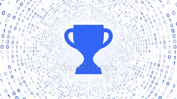 Blue Trophy Cup Icon Form Blue Binary Tunnel White Background — Stock Video