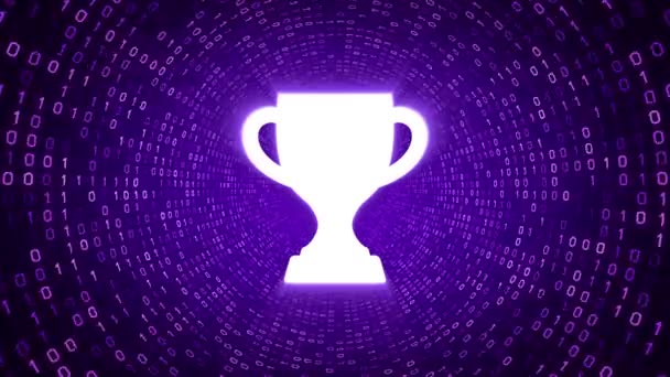白色奖杯的图标形成紫色的二进制隧道紫色背景 数字成就概念 无缝循环 更多图标和颜色选项可在我的投资组合 — 图库视频影像
