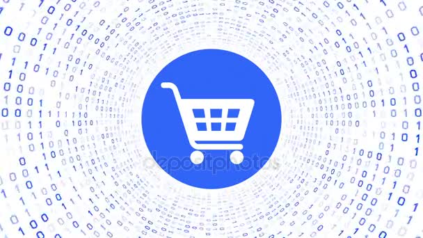 白ショッピング カート アイコン フォーム ブルー バイナリ トンネル白い背景の上 オンライン ショッピングの概念 シームレスなループ — ストック動画