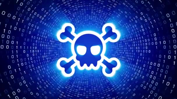 White Skull Icon Form White Binary Tunnel Blue Background Cyber — Stock Video