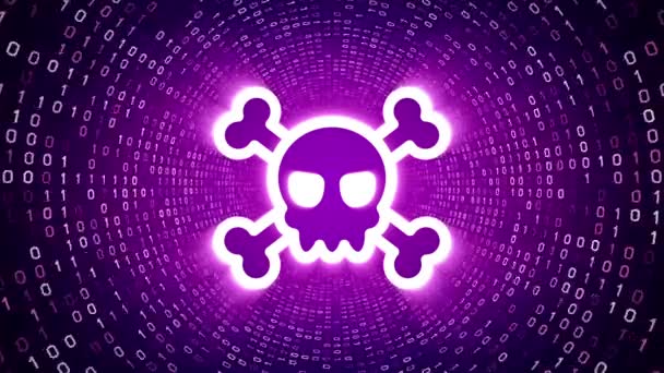 White Skull Icon Form White Binary Tunnel Violet Background Cyber — Stock Video