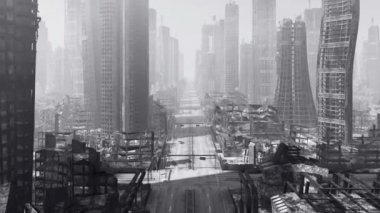 Kamera taşımak yok edilen şehirde cadde boyunca. Siyah ve beyaz renk tonu. Sorunsuz döngü. Daha fazla renk seçenekleri ve kamera açıları benim portföyü içinde kullanılabilir.