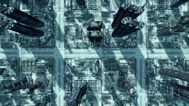 Vista Aérea Superior Ciudad Destruida Con Partículas Polvo Tinte Azul — Vídeo de stock
