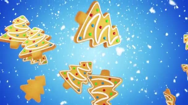 クリスマス ツリーは 明るい青の背景の上に落ちてジンジャーブレッド クッキー形 シームレスなループ 私のポートフォリオで利用できるより多くの色のオプション — ストック動画