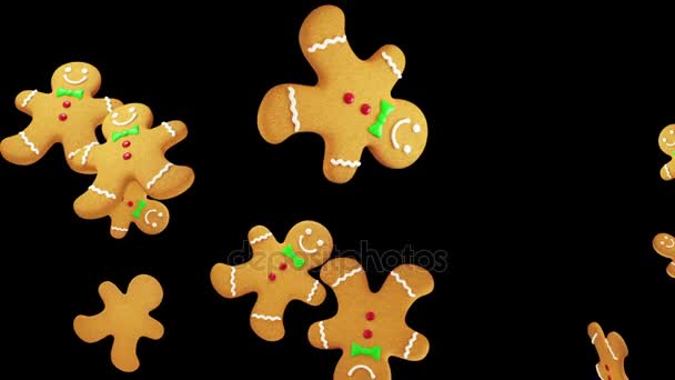 Gingerbread Man Shaped Christmas Cookies Falling Isolated Black Background Seamless — Stock Video