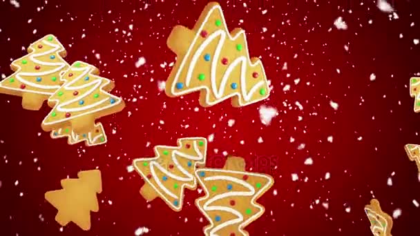 Kırmızı Zemin Üzerine Düşen Gingerbread Çerezleri Noel Ağacı Şeklinde Sorunsuz — Stok video