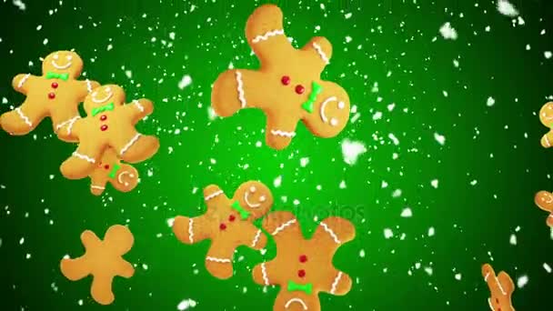 Homem Gengibre Forma Biscoitos Natal Caindo Sobre Fundo Verde Laço — Vídeo de Stock