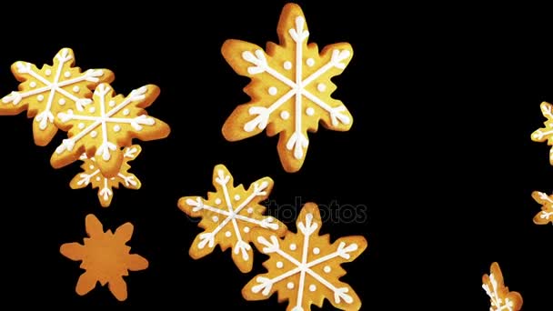 Snöflinga Formade Jul Pepparkakor Cookies Faller Isolerade Svart Bakgrund Sömlös — Stockvideo