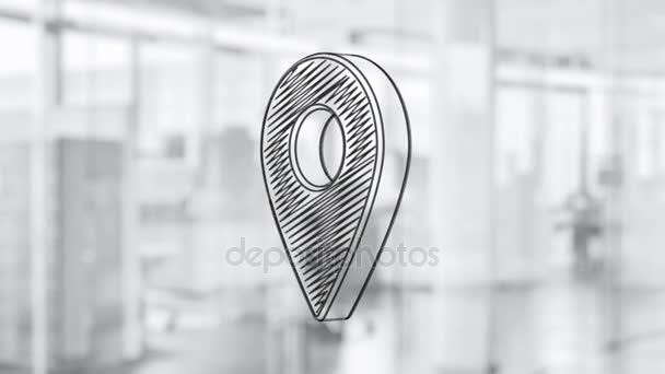 Hand Drawn Location Pin Rotating Glass Board Painted Black Marker — Stock Video