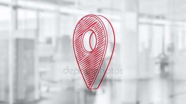 Hand Drawn Location Pin Rotating Glass Board Painted Red Marker — Stock Video