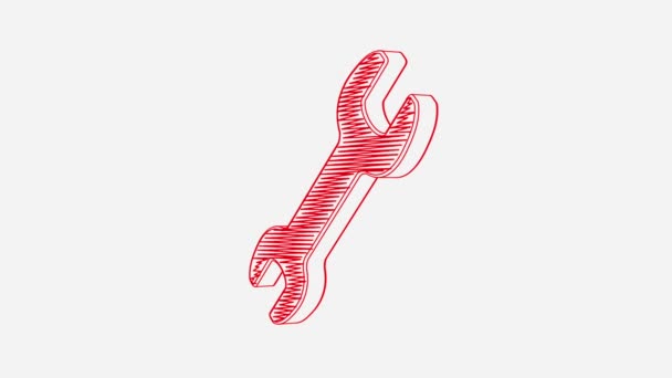 Geïsoleerde Hand Getrokken Rode Moersleutelpictogram Draaien Witte Achtergrond Naadloze Loops — Stockvideo