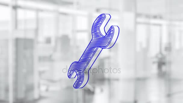 Hand Drawn Wrench Icon Rotating Glass Board Painted Blue Marker — Stock Video