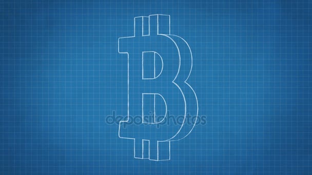 Hand Getekend Bitcoin Symbool Roteren Blauwdruk Papier Naadloze Loops Animatie — Stockvideo