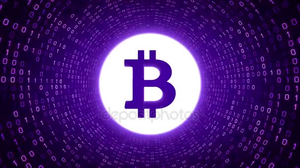 Белый Криптовалютный Логотип Bitcoin Образует Фиолетовый Бинарный Туннель Фиолетовом Фоне — стоковое видео