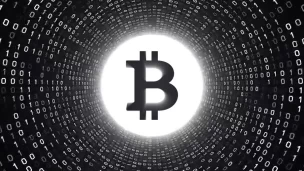 Белый Криптовалютный Логотип Bitcoin Образует Белый Бинарный Туннель Черном Фоне — стоковое видео