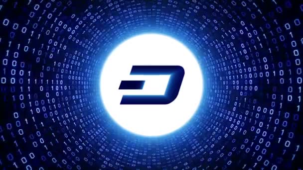 Logo Mata Uang Crypto Putih Dash Membentuk Terowongan Biner Biru — Stok Video