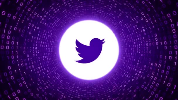 Редакційна Анімації Білий Twitter Логотип Форми Purple Двійкові Тунель Фіолетовому — стокове відео