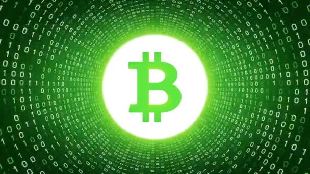 White Crypto Currency Logo Bitcoin Form White Binary Tunnel Green — Stock Video