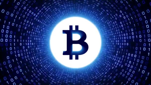 Logotipo Moeda Criptomoeda Branca Bitcoin Formam Túnel Binário Azul Fundo — Vídeo de Stock