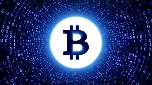 White Crypto Currency Logo Bitcoin Form Blue Binary Tunnel Black Video By C 42pixels Stock Footage 182347176