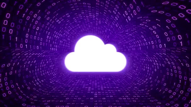 紫色の背景に白い雲アイコン フォーム紫バイナリ トンネル クラウド技術のコンセプト シームレスなループ 複数のアイコンと私のポートフォリオで利用可能な色のオプション — ストック動画