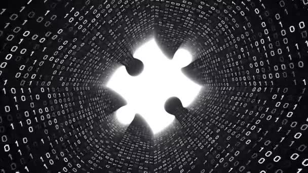 Weiße Puzzleteile Bilden Einen Weißen Binären Tunnel Auf Schwarzem Hintergrund — Stockvideo