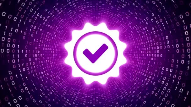 White Approve Icon Form White Binary Tunnel Violet Background Seamless — Stok Video