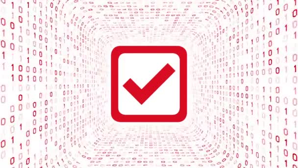 Red Check Mark Icon Form Red Binary Tunnel White Background — Stock Video