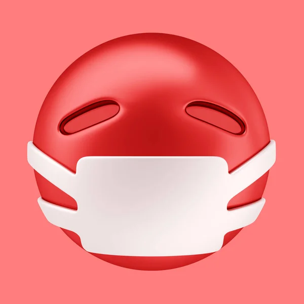 Pembe arka planda izole edilmiş tıbbi maske takan kırmızı, şirin, hasta emoji. Yaratıcı minimal tasarım sanatı. 3d illüstrasyon.