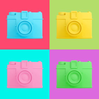 Farklı parlak arka planlarda izole edilmiş renkli hipster fotoğraf makineleri. Pop sanat. Yaratıcı retro tasarım. Hippi aksesuarları. Minimum tasarım sanatı. 3d illüstrasyon.