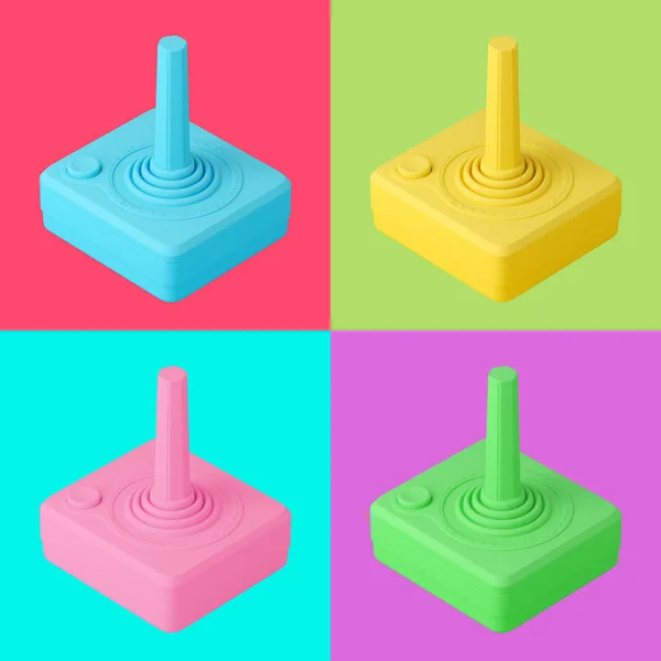 Farklı parlak arka planlarda izole edilmiş renkli retro joystickler. Pop sanat. Yaratıcı minimal tasarım sanatı. 3d illüstrasyon.
