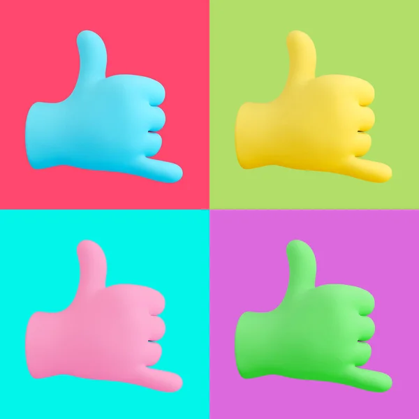 Farklı parlak arka planlarda izole edilmiş renkli el işaretleri. Pop sanat. Yaratıcı minimal tasarım sanatı. 3d illüstrasyon.