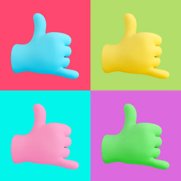 Colorful set of call me hand signs isolated on different bright backgrounds. Pop art. Creative minimal design art. 3d illustration.