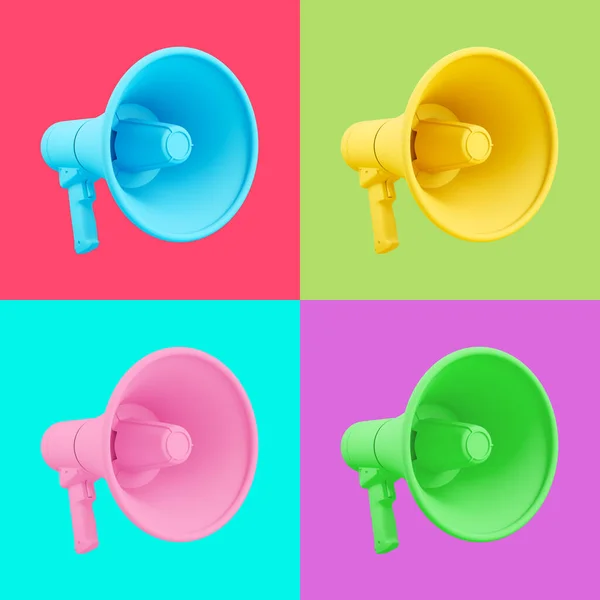 Farklı parlak arka planlarda izole edilmiş renkli megafonlar. Taşınabilir megafonlar. Pop sanat. Yaratıcı minimal tasarım sanatı. 3d illüstrasyon.