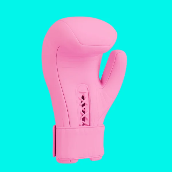 Turkuaz arka planda izole edilmiş pembe boks eldiveni. Kadınların göğüs kanserine, eşitsizliğe, sivil haklara karşı savaştıkları ve sağlıklarını savundukları kavramı. Minimum tasarım sanatı. 3d illüstrasyon.