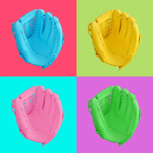 Farklı parlak arka planlarda izole edilmiş renkli beysbol eldiveni seti. Pop sanat. Yaratıcı minimal tasarım sanatı. 3d illüstrasyon.