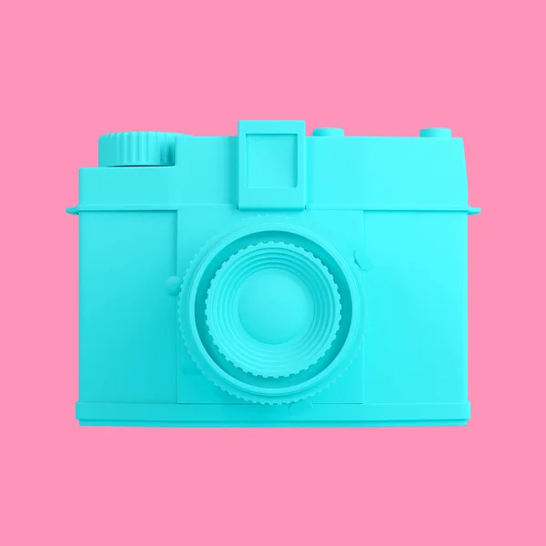 Turquoise retro hipster photo camera isolated on pink background. Pop art. Creative retro design. Hipster trendy accessories. Minimal design art. 3d illustration.