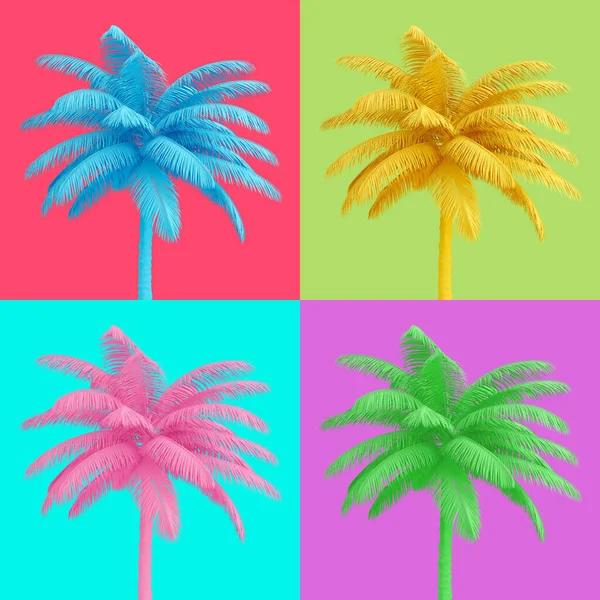 Bunte Reihe Von Schönen Tropischen Kokospalmen Isoliert Auf Verschiedenen Hellen — Stockfoto