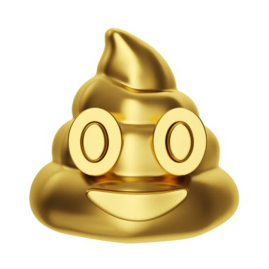 Beyaz arka planda izole edilmiş altın renkli kaka emojisi. Pin, yama, pul, simge, etiket. Yaratıcı minimal tasarım sanatı. 3d illüstrasyon.