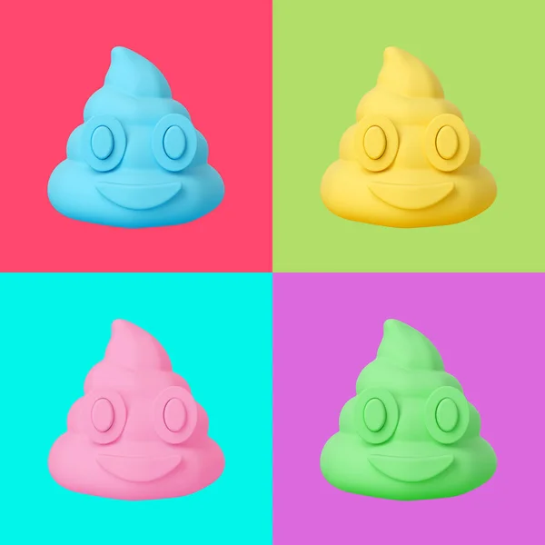 Farklı parlak arka planlarda izole edilmiş renkli kaka emojisi seti. Pop sanat. Yaratıcı minimal tasarım sanatı. 3d illüstrasyon.