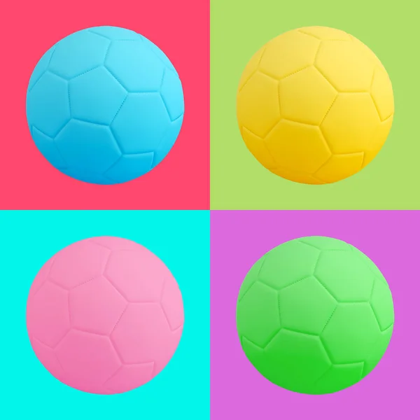 異なる明るい背景に隔離されたサッカーボールのカラフルなセット サッカーのスポーツゲームボール ポップアート 創造的な最小限のデザインアート 3Dイラスト — ストック写真