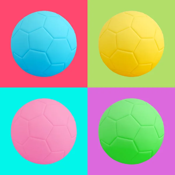 Farklı parlak arka planlarda izole edilmiş renkli futbol topları. Futbol maçı topu. Pop sanat. Yaratıcı minimal tasarım sanatı. 3d illüstrasyon.
