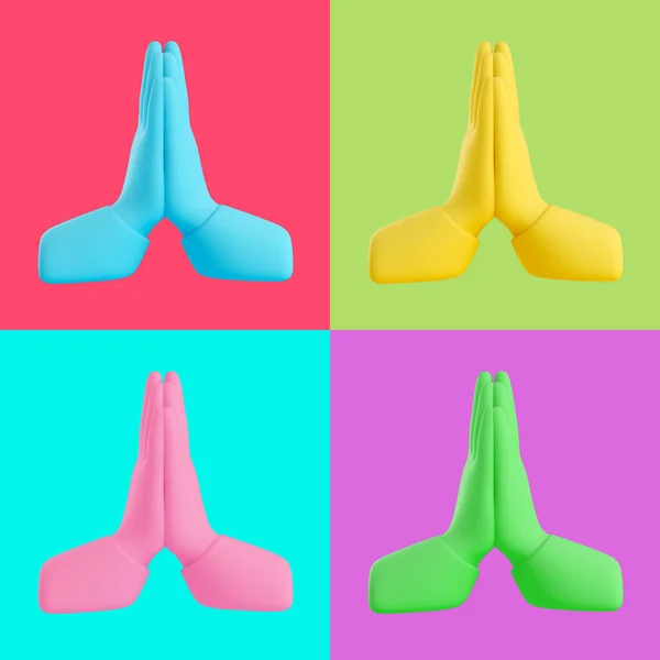 Fargerike Foldede Hender Emoji Emotikoner Isolert Forskjellige Lyse Bakgrunner Popkunst stockfoto