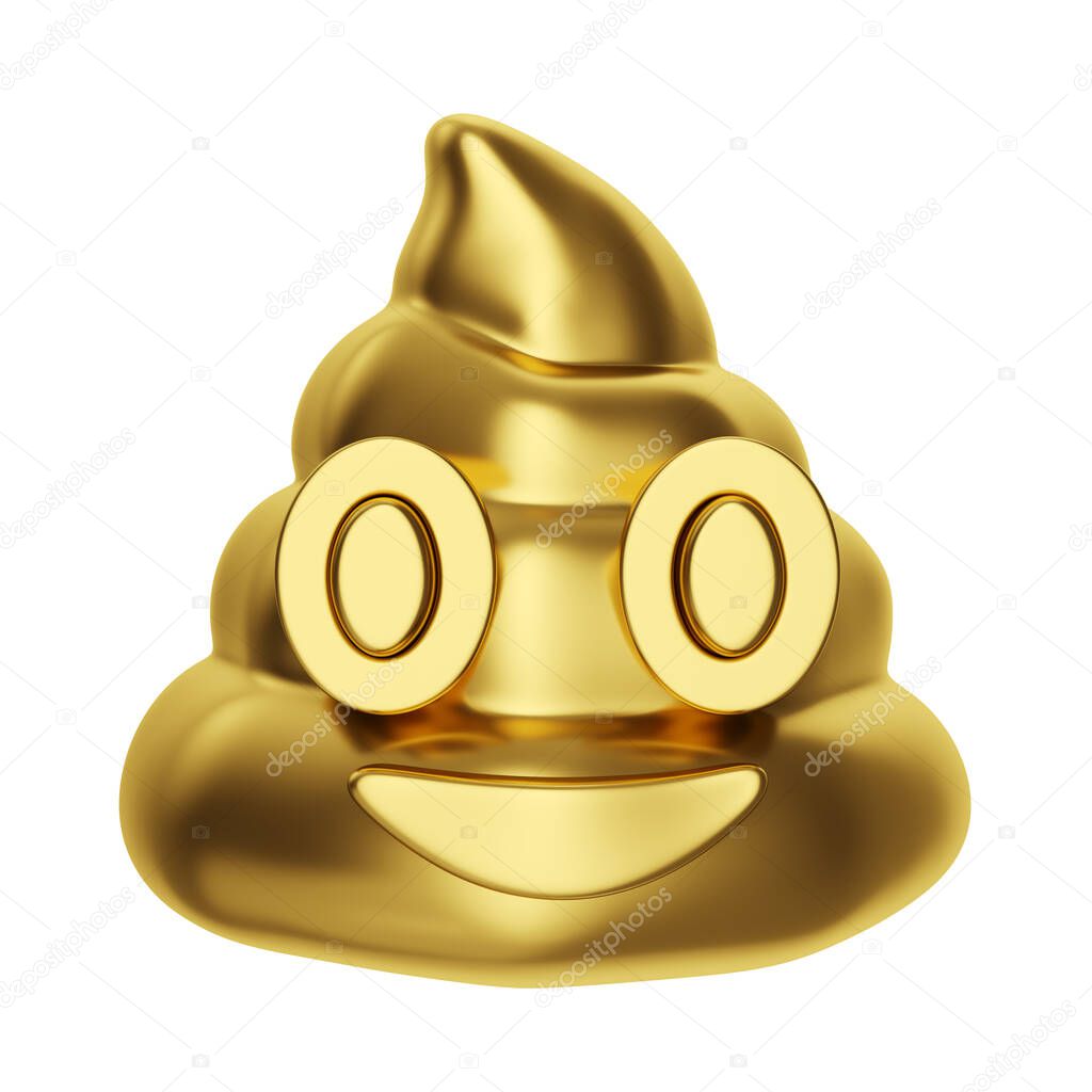 Gold happy poop emoji isolated on white background. Pin, patch, stamp, icon, sticker. Creative minimal design art. 3d illustration.