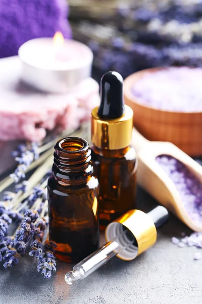 Lavender oil with soap and flowers — Stock Photo, Image