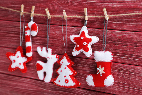 Christmas decorations hanging on rope 