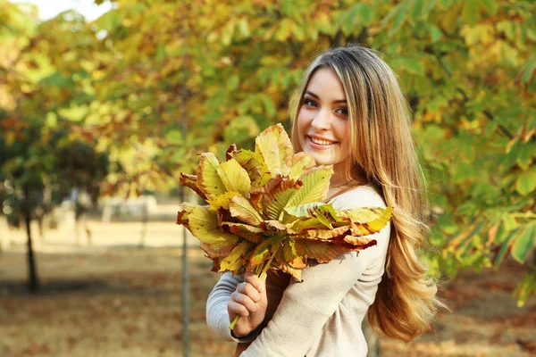 Mooi jong meisje in de herfst park — Stockfoto