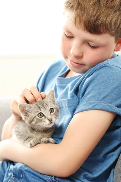 Child with kitten on  at home — Stock Photo, Image